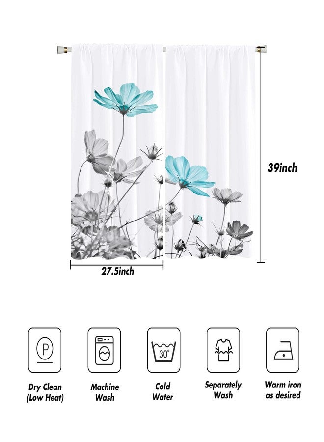 Kikiry Teal Floral Kitchen Curtains Mini 27.5''W x 39''L Patterned Turquoise Flower Country Aqua Farmhouse Daisy Grey White Short Small Cafe Room Rod Pocket Window Drapes Treatment Tiers Fabric 1 Pair - Image 5